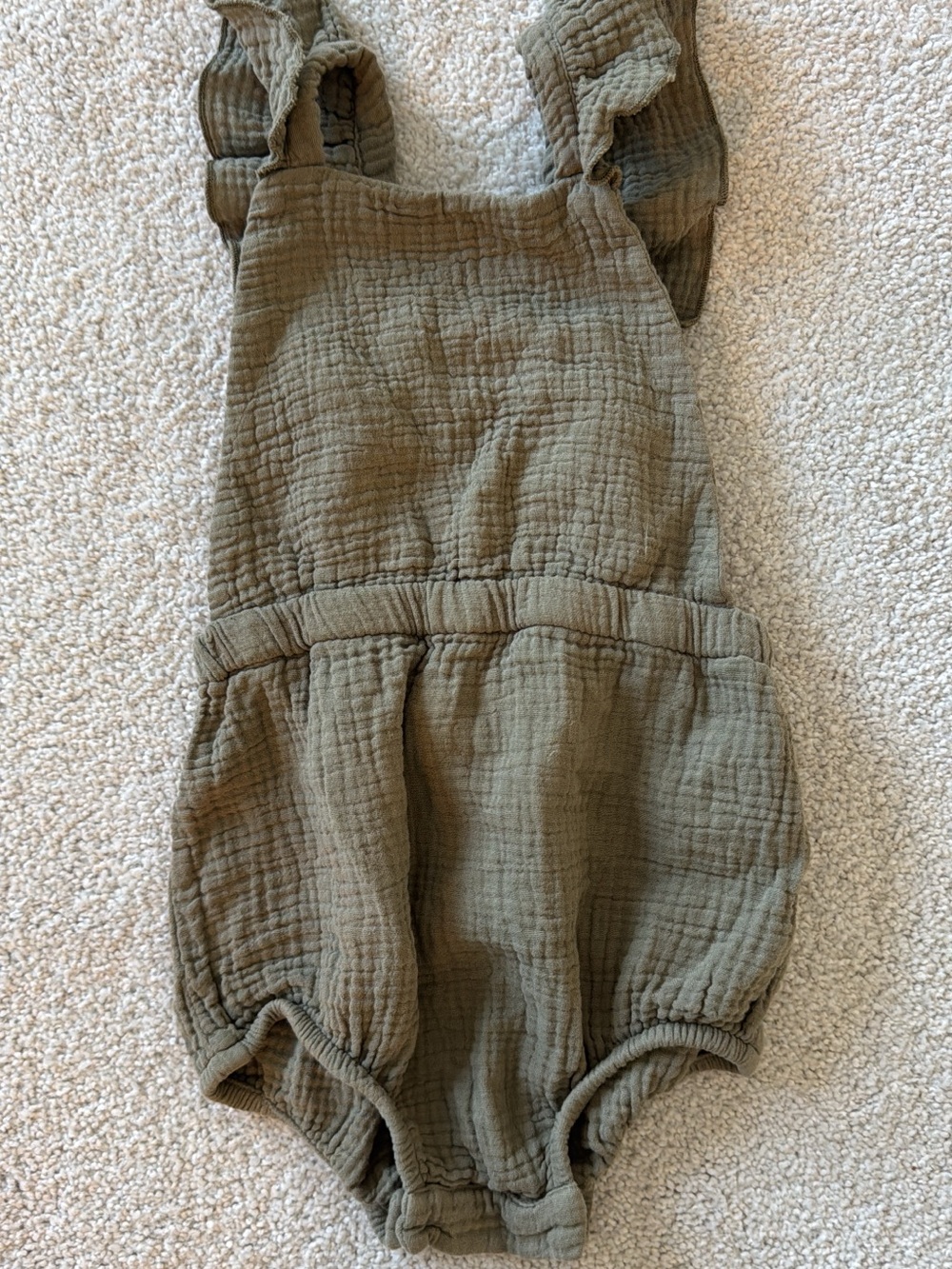 Children's Olive Green Cotton Gauze Romper with Ruffle Straps